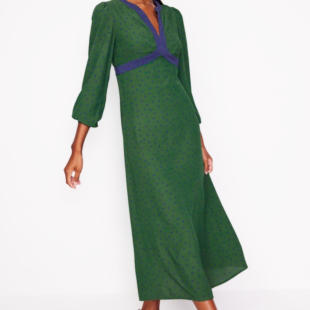 Boden Green Midi Dress with Navy Trim